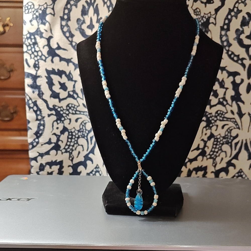Handmade Blue Beaded Teardrop Necklace - Women Jewelry